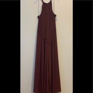 Soft mesh halter bridesmaid dress w/slim sash